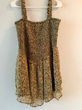 American Eagle Outfitters Olive Green Floral Smocked Mini Dress